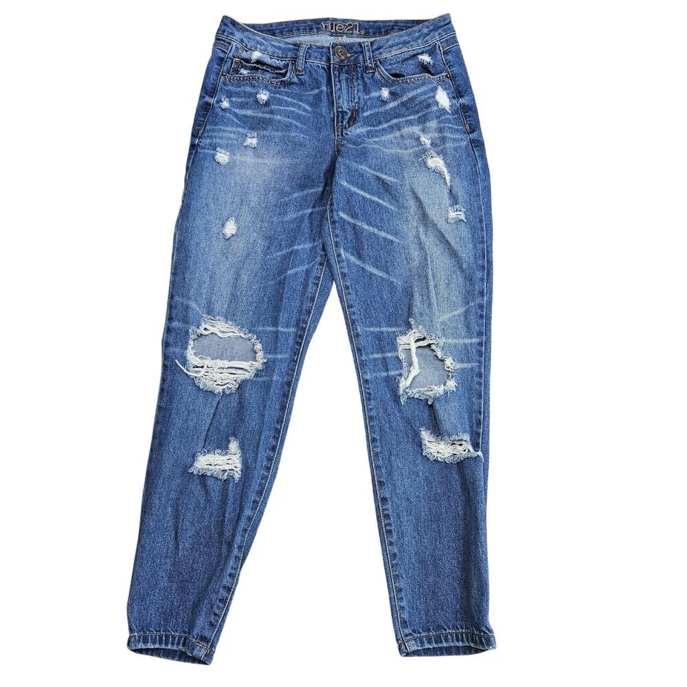 Rue21 Mid Rise Skinny Jeans Juniors 6 Blue Medium Wash Distressed Stretch Denim